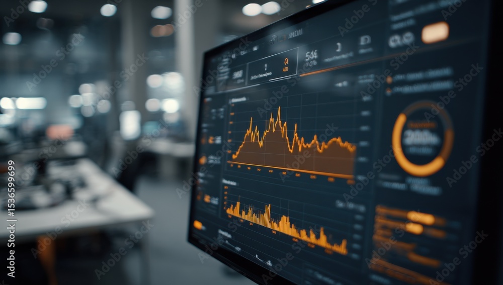 Poster close-up of financial data on computer screen in office, illustrating investment strategy and busine