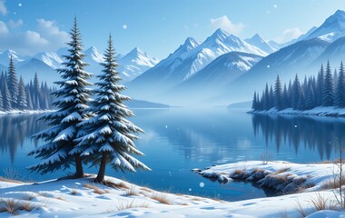 Fototapeta premium Serene winter landscape with snow-covered pine trees reflecting on a calm lake surrounded by majestic snowy mountains