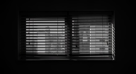 Looking Through Window Blinds at City Buildings in Black and White