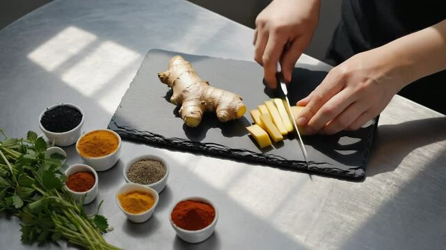 Hands slicing ginger on a black cutting board with various spices and herbs