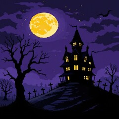 Fototapeta premium Halloween Haunted House Pixel Art