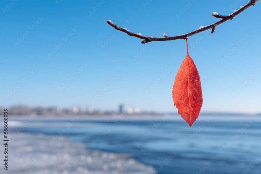 Poster red leaf hanging from branch in winter, symbolizing seasonal change and environmental awareness in a