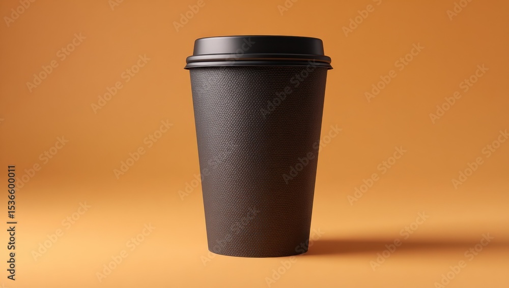 Poster black coffee cup with textured surface on orange backdrop, ideal for product mockups and branding pr
