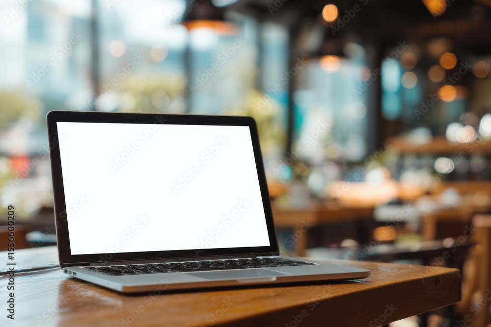 Poster laptop with blank white screen on wooden table in cafe, representing remote work and digital lifesty