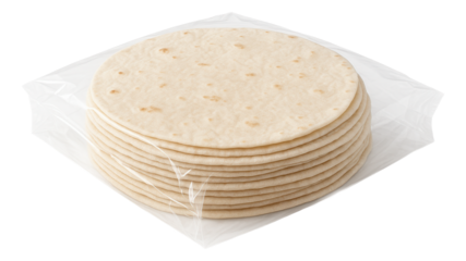 Stack of round flatbreads neatly packaged in transparent plastic, showcasing their thin, even texture on transparent background.