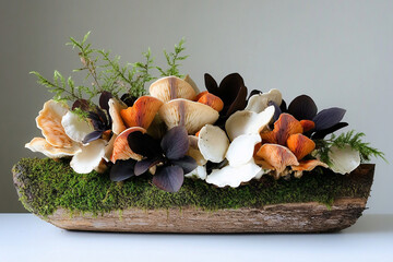 Colorful cluster of mushrooms thriving on a moss-covered log in a serene natural setting