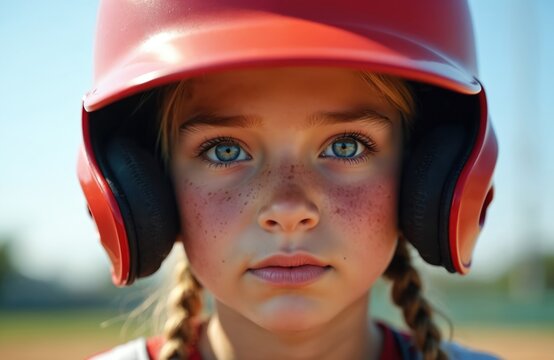 Close-up portrait pensive middle school girl. Softball player wears batting helmet. Girl with pigtails, freckles looks into camera. Serious face, focused emotion, eye contact. Softball athlete in - Powered by Adobe