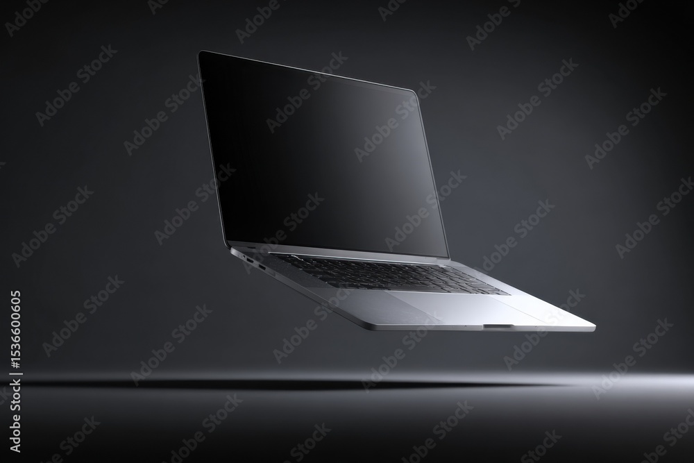 Poster sleek laptop floating on dark background, symbolizing modern technology and digital transformation f