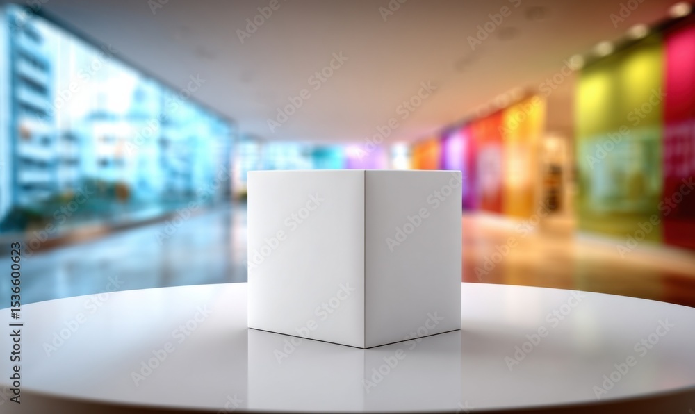 Poster white cube on a round table in a modern interior, symbolizing product placement and brand awareness 