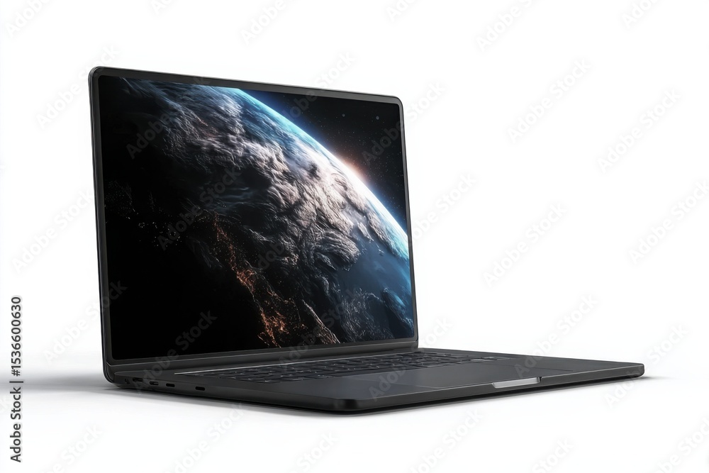 Poster Laptop Displaying Earth From Space on White Background, Representing Global Connectivity and Digital Transformation for Business Solutions : Generative AI