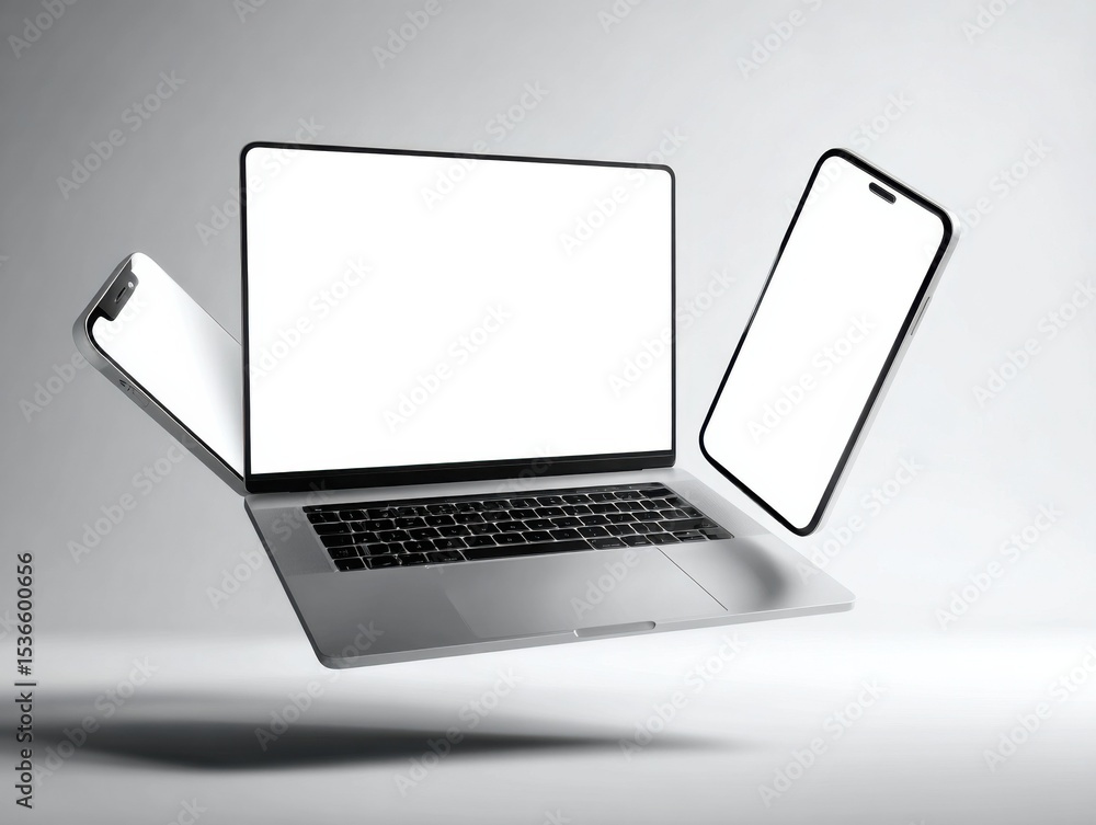 Poster laptop and smartphones floating in minimalist studio, representing connectivity and digital transfor