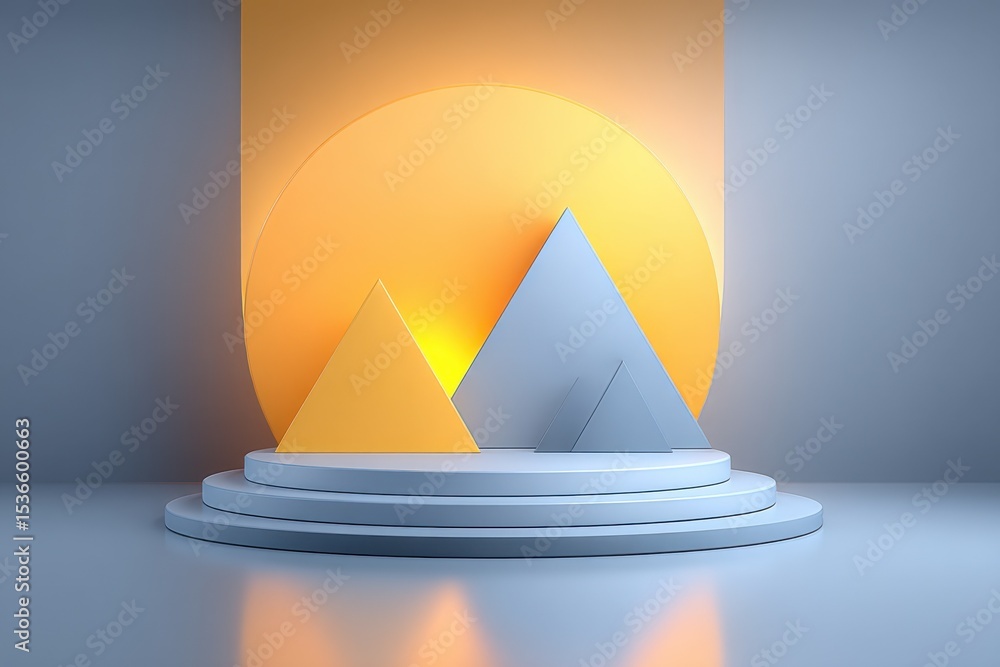 Poster Abstract Geometric Composition With Triangles and Circle on Podium, Representing Innovation and Modern Design for Product Showcase : Generative AI