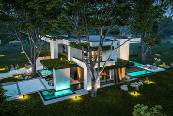 3d rendering of two-story house with parking and pool for sale or rent with concrete facade and...