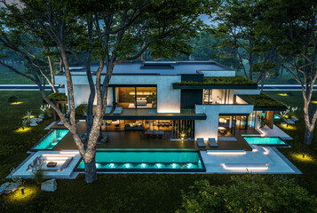 3d rendering of two-story house with parking and pool for sale or rent with concrete facade and...