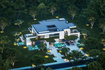 3d rendering of two-story house with parking and pool for sale or rent with concrete facade and...
