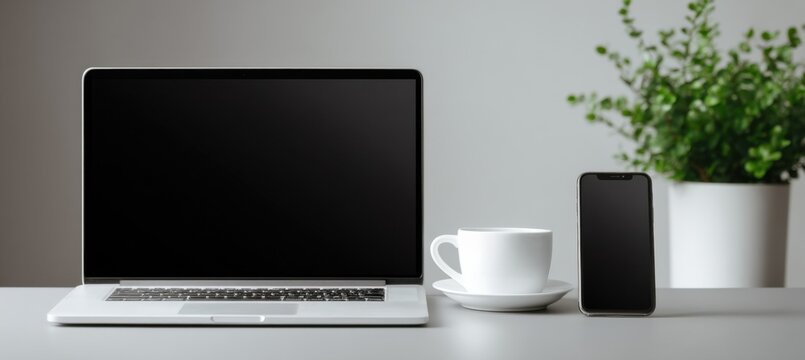 Laptop, Smartphone, and Coffee Cup on Desk, Representing Modern Workplace Productivity and Digital Lifestyle, Perfect for Remote Work and Online Learning : Generative AI