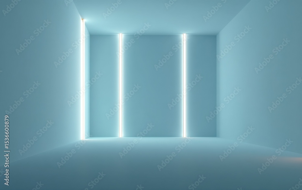 Poster minimalist room with vertical neon lights and blue walls, ideal for modern interior design and archi