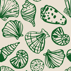 Seashell seamless vector pattern beach vintage summer tropical wallpaper backdrop. Scallop ocean sea nautical art background for apparel
