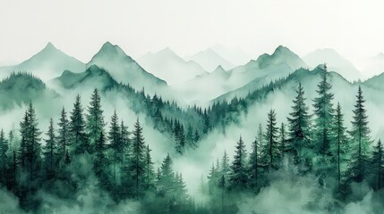 Watercolor landscape with mountains and forest. Beautiful landscape.