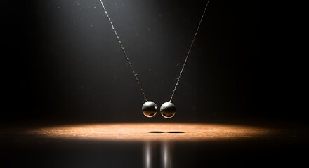 Newton's Cradle Demonstrating Momentum with Metallic Balls Under Dramatic Lighting