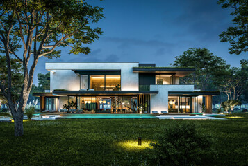 3d rendering of two-story house with parking and pool for sale or rent with concrete facade and...