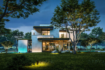 3d rendering of two-story house with parking and pool for sale or rent with concrete facade and...