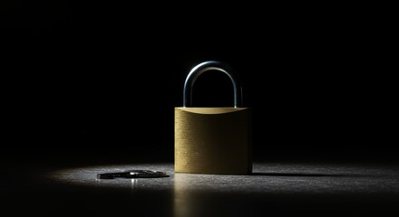 Padlock and Key Security Concept Still Life on Dark Background