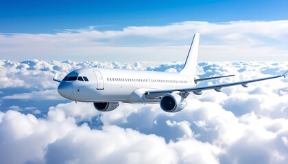 White Passenger Jet Flying High Above the Clouds in a Bright Blue Sky.