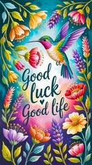A bright hummingbird hovering over wildflowers, on a postcard with the words "Good Luck, Good Life."