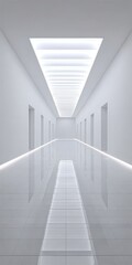 Obraz premium Symmetrical Bright Interior Perspective of a Minimalist White Hall with Illuminated Floor and Doors