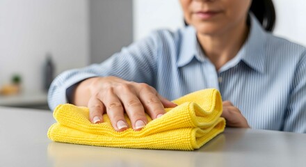 Woman cleaning kitchen counter with microfiber cloth. Housewife doing household chores, surface hygiene concept.