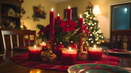 Festive candle arrangement on a dining table.