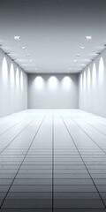 Obraz premium Bright and Vast Studio Interior with Endless White Tiles and Spotlights Illuminating the Space