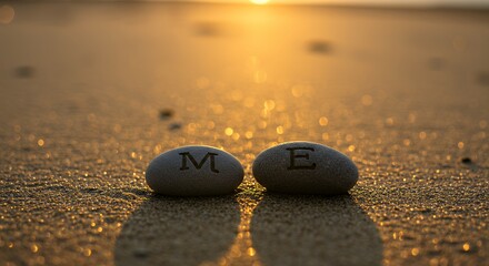 Pebbles with Letters on Beach at Sunset Golden Hour Light