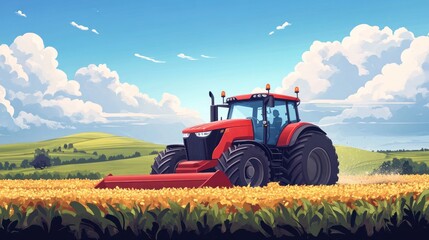 Obraz premium Red tractor working a golden field