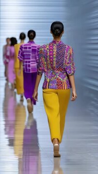 Fashion Show: Models Walking on Runway in Colorful Designer Clothes, Back View, Modern Style, Bright Colors, Fashion Week