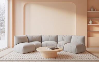 Beige living room interior with sofa and table design