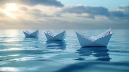Paper boats on water, serene sunrise