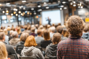 Attendees listening to a speaker giving a presentation at a professional business conference held in a spacious auditorium