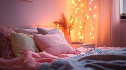 Cozy bedroom with soft pink and purple bedding, warm lighting, and decorative fairy lights creating a relaxing and inviting atmosphere.