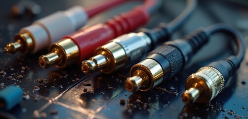 Close-up view audio video cable connectors. RCA cables with red white yellow black colors. Modern electronic tech signal transmission. Connection equipment audio devices players.
