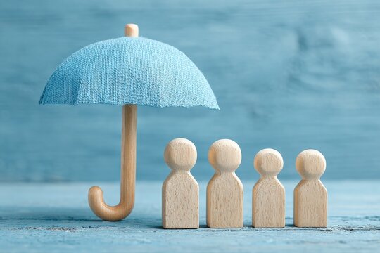 Family life insurance concept with wooden family figures under umbrella on blue background with copy space