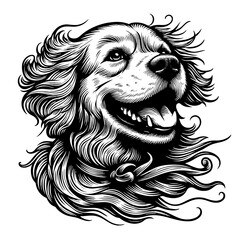 Obraz premium joyful dog with flowing fur sketch engraving generative ai PNG illustration. Scratch board imitation. Black and white image.