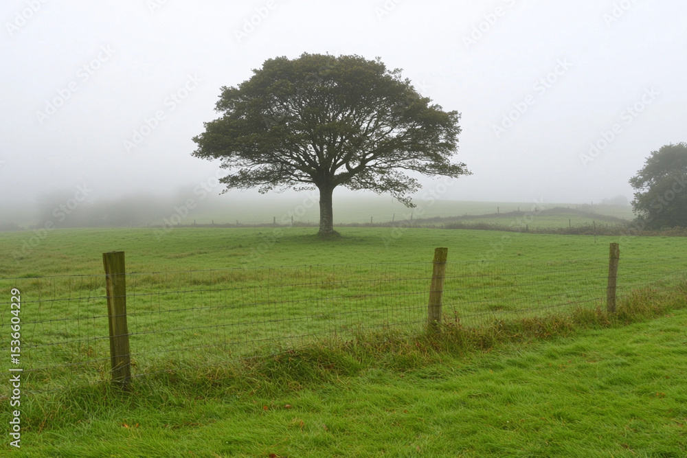 Poster lone tree stands in a foggy field creating an eerie atmosphere