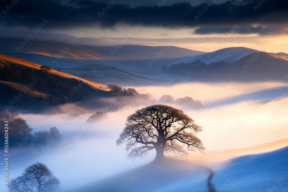 Poster lone tree standing in a foggy field at dawn with rolling hills