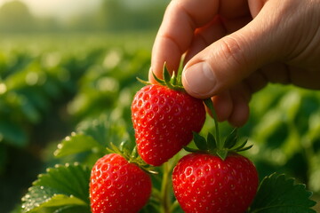 Hand harvesting ripe strawberries in a lush green field during the early morning light