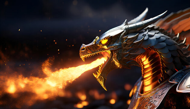 dragón metálico con armadura de caballero lanzando fuego por la boca