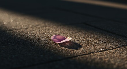 Petal Resting on Dark Stone Pavement with Dramatic Lighting Effects