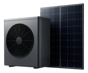 Modern air source heat pump unit paired with solar panel for eco-friendly energy on transparent background.