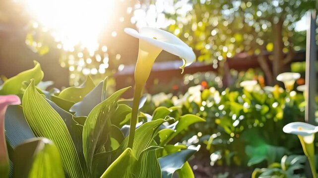 Close up of a white arum lily flower head, surrounded by green leaves, illuminated by sunlight in a blurred outdoor setting